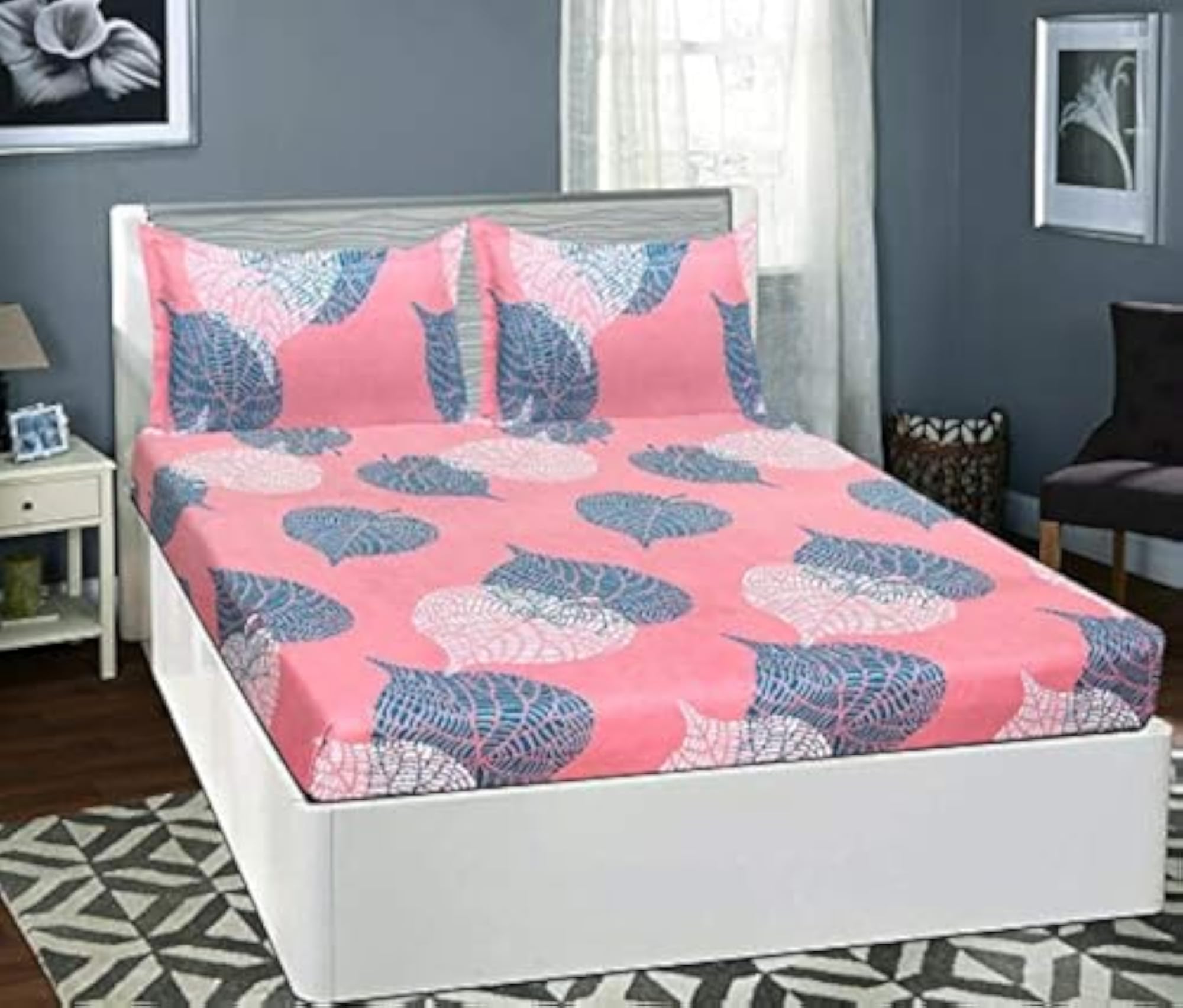 Cotton 160 TC Flower Printed Double Bedsheet with 2 King Size Pillow Covers
