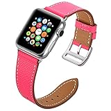 Valkit for Apple Watch Band - iWatch Bands 38mm Genuine Leather Strap iPhone Smart Watch Band Bracelet Replacement Wristband with Stainless Steel Adapter for Apple Watch 3 2 1, Single Tour - Hot Pink