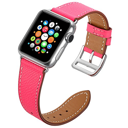 valkit Bands Compatible with Apple Watch Band 38mm 40mm 42mm 44mm, Genuine Leather Strap Bracelet Replacement Wristband with Metal Adapter for Women Men iWatch SE 6 5 4 3 2 1, Single Tour - Hot Pink