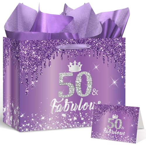 Yoirrat Purple Silver 50th Birthday Gift Bag for Women Large Happy 50th Birthday Bag with Wrapping Tissue Paper and Card 50 and Fabulous Bday Party Supplies Present for Mom Wife Friend