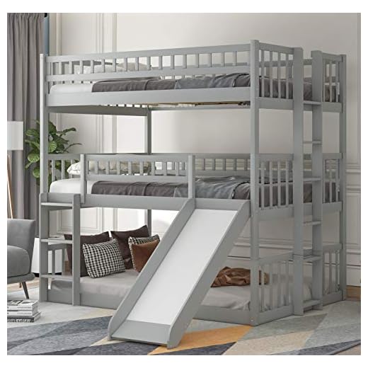 Triple Bunk Beds with Slide ，Wooden Bunk beds Full Over Full Over Full ，Floor Triple Bunk Bed with Ladder & Guardrails for kids /Teens/Adults,Can be Convertible to 3 Beds ,Gray