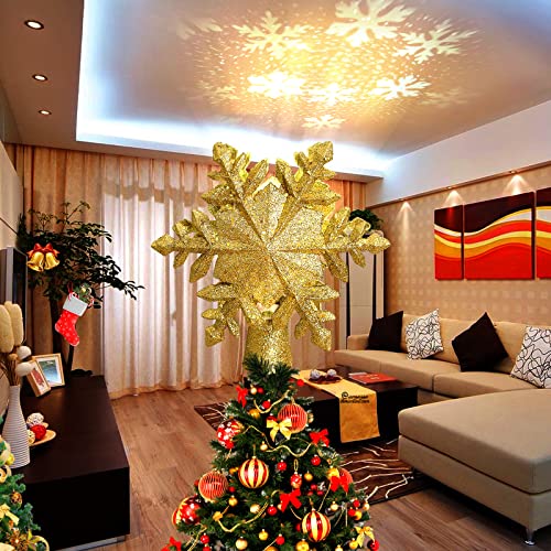 ZQX - Decoración para árbol de Navidad, diseño de copo de nieve, luces 3D, alimentadas por fuente de alimentación, lámpara LED de proyección dinámica para decoración navideña (dorado) Cover