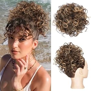 Lommel Messy Hair Bun Hair Piece,Drawstring Loose Curly Hair Buns Scrunchies Natural Soft Clip in Hair Extensions Ponytail Thick Updo Fake Hairpiece Bun for Women Daily Use(Honey Blonde with Brown)