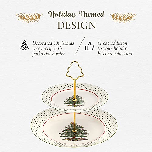 Spode - Christmas Tree Collection, 2-Tiered Tray, For Serving Food, Cake, And Desserts, Server Tier Measures At 8" And 10", Polka Dot Motif With Gold Handle, Dishwasher Safe #TOP2