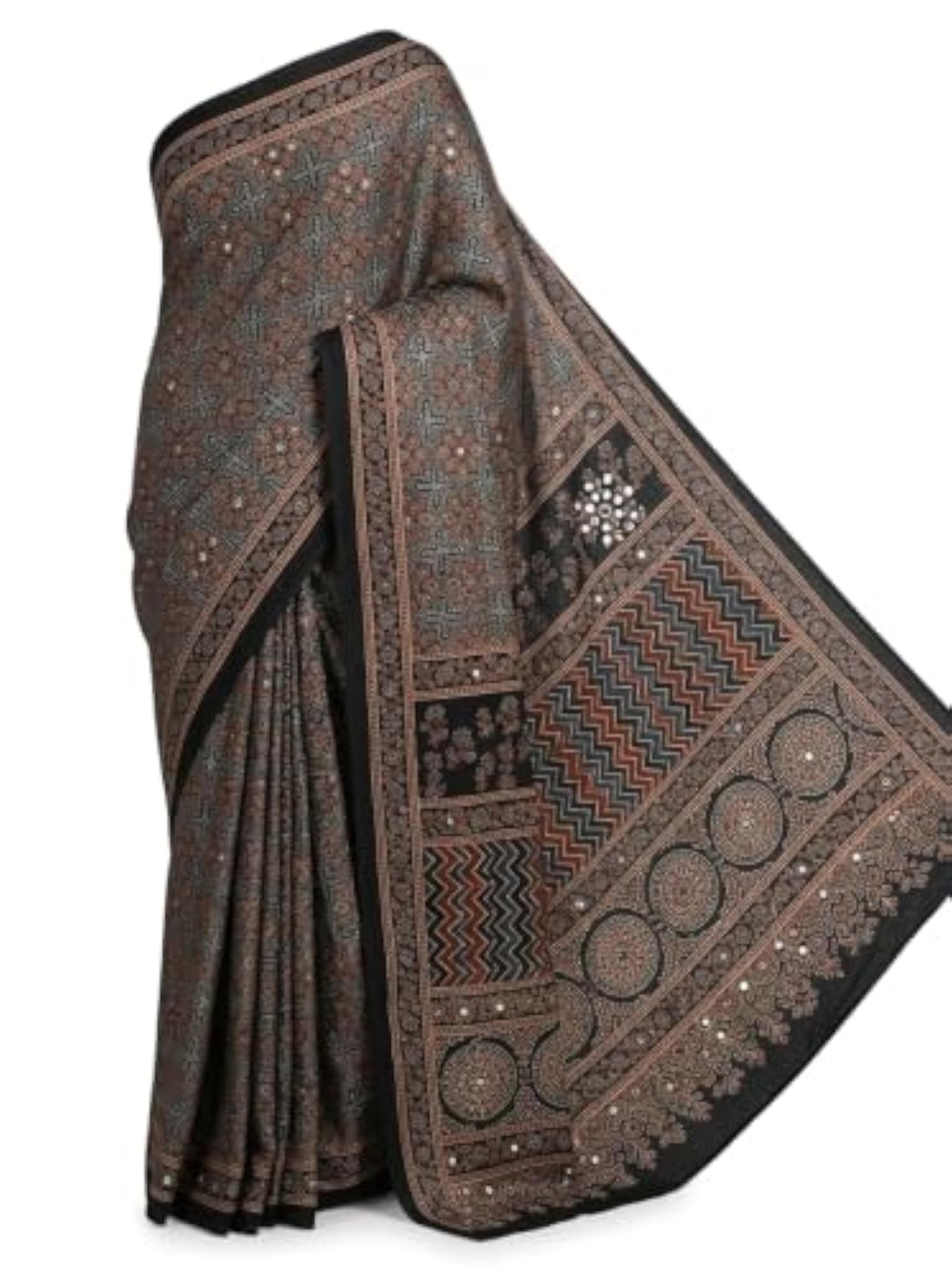 Nandini's Creation Modal Silk Ajrakh Print Saree Black & Earthy Red