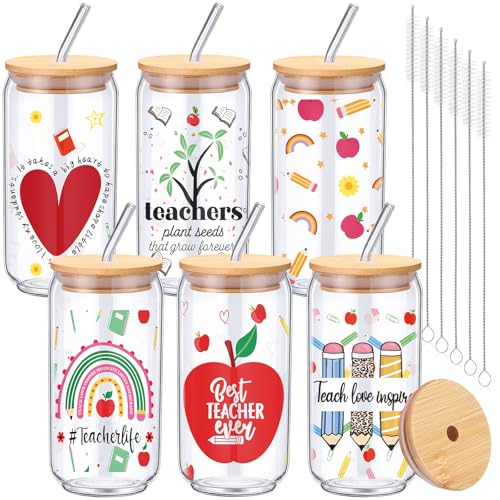 Amyhill 6 Pack Teacher Appreciation Gifts Thank You Glass Cups with Lids and Straw, 16 oz Glass Tumbler Back to School Thank You Gifts for Teachers Professors