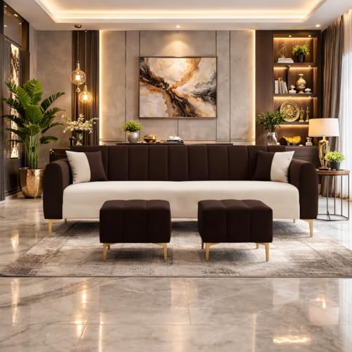 Image of Habibi 5 Seater L Shape Sofa Set with 2 Movable Ottomans | Flexible Layout | Rich Velvet Suede Fabric | Silver Legs | Dual Tone Modern Sofa for Living Room (Dark Brown-Cream)