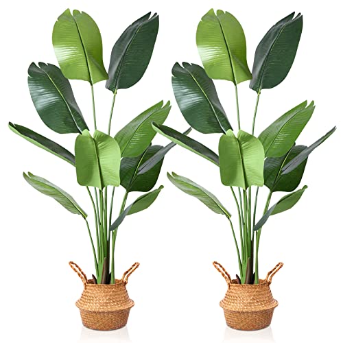 Mosade 5Ft Artificial Bird Of Paradise Plant,Tall Fake Tropical Palm Tree With Woven Seagrass Basket, Realistic Faux Tree,10 Detachable Trunks Silk Plants For Modern Home Décor Indoor Office,2Pack #TOP30