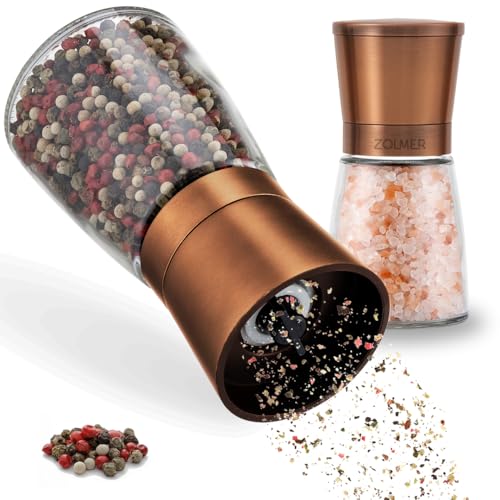 Zolmer® Salt and Pepper Mill Set - Copper Look Spice Mill with Ceramic Grinder - Refillable Glass Salt and Pepper Mill, Modern & Adjustable, 2-Piece
