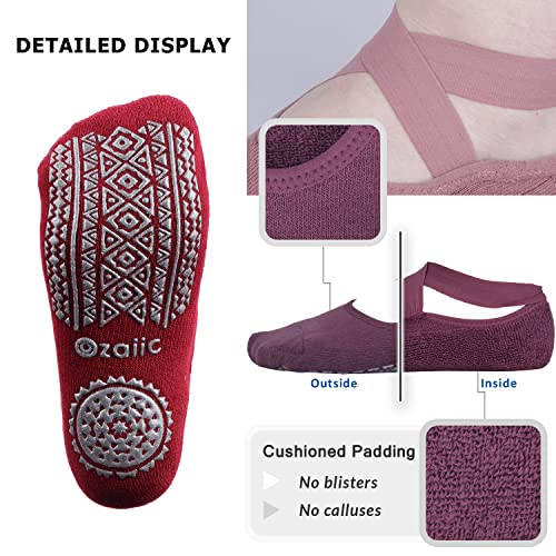 Ozaiic Pilates Socks for Women Non Slip Grip, Yoga Socks with Grippers for Barre, Hospital, Ballet, Dance, Barefoot Workout (3 Pairs-Purple/Rose Red/Bean Red)