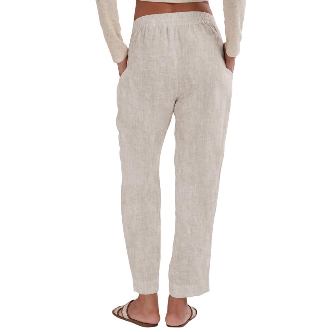 Amazhiyu Pantaloni da donna in puro lino estivo con elastico in vita con coulisse