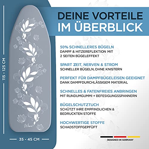 Wiaret -Thermo Reflect Bügelbrettbezug Set 120x40cm inkl. Spannclips+ Bügeltuch- mit Gummizug-für Dampfbügeleisen-extra dick gepolstert grau-weiß - Image 7