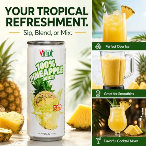 Image of VINUT 100% Pineapple Juice with Real Pulp, Vitamin C Rich, No Added Sugar, Not From Concentrate, Gluten Free & Non-GMO Drink, 100% Vegan /Plant-Based, 10.82 fl oz Cans (Pack of 6)