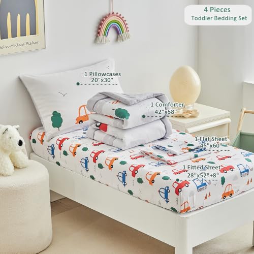Image of DuShow 4 Pieces Cars Toddler Bedding Set for Boys,Soft Toddler Bed Set in a Bag,Toddler Bed Comforter Set Includes Quilted Comforter, Flat Sheet, Fitted Sheet and Pillowcase