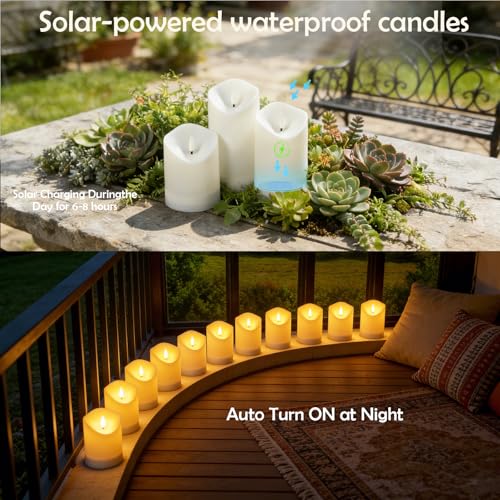 Image of Nimiko Solar Outdoor Waterproof Flameless Candles - 9 Pack Solar & Battery Operated LED Candles, White (D3.25 inch x 4 inch /5 inch /6 inch Assorted Heights) for Garden, Patio, Outdoor Decoration