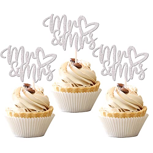 36 PCS Mr & Mrs Cupcake Toppers with Love Heart Bridal Shower Cupcake Picks Wedding Engagement Birthday Party Cake Decorations Supplies Silver