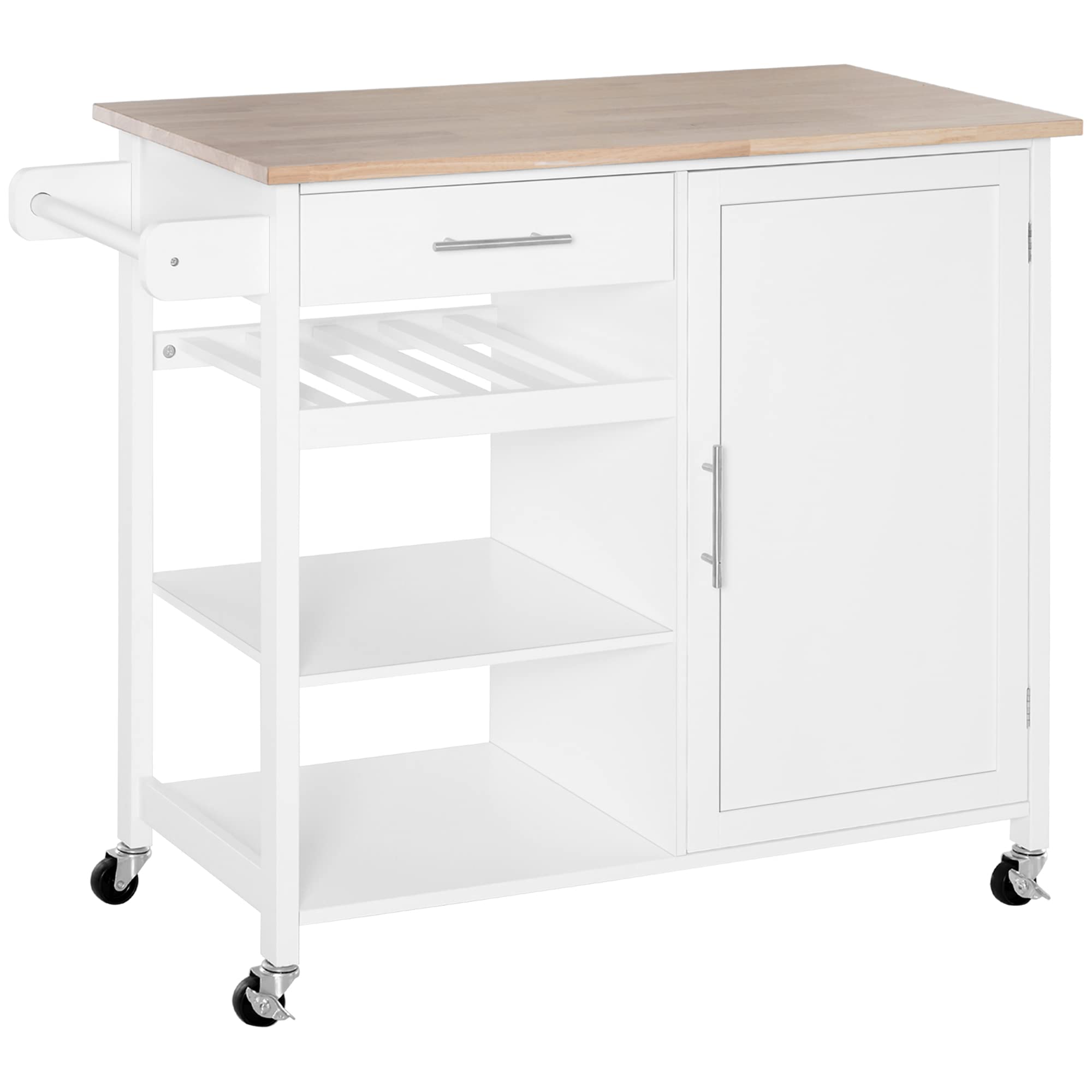 HOMCOMRolling Kitchen Island with Storage, Kitchen Cart with Solid Wood Countertop, Drawer, Adjustable Shelf and Wine Rack, White