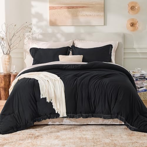 Image of Andency Black Comforter Set Full Size, 3 Pieces Boho Tassel Lightweight Bedding Comforter Sets, All Season Soft Fluffy Fringe Bed Set (79x90In Comforter & 2 Pillowcases)