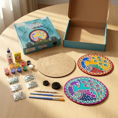 Image of HOBBY INDIA Lippan Art and Craft Materials Kit for Adults and Beginners I Premarked MDF Board Mandala Art Painting DIY Kit for Room Wall Hanging Office and Home Decoration (Peacock)