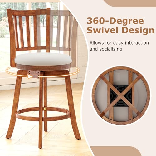 Butacos Giratorios de Barra Giantex, Set de 2 Unidades, Altura para Encimera (25 pulgadas), Patas de Madera de Caucho y Reposapiés, Asiento Tapizado, Estilo Granja para Isla de Cocina, Comedor y Pub miniatura 5