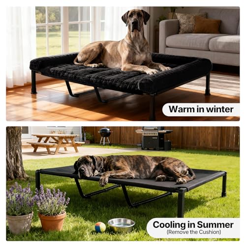 Veehoo Hundeliege Outdoor XXL Waschbar, Flauschiges Hundeliege mit Abnehmbarem Polster, Erhöhtes Hundebett Hundesofa mit Rutschfesten Füßen für Drinnen Draußen, Schwarz 150 x 94 x 20 cm