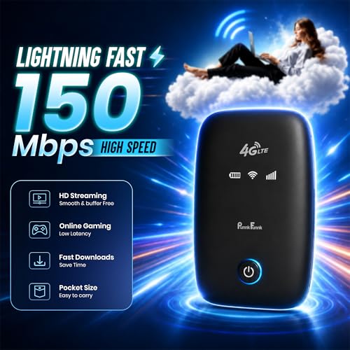 Image of PunnkFunnk 4G LTE Portable WiFi Hotspot Device, 2100Mah Rechargeable Battery, SIM Card Supported 150Mbps Wireless Hotspot, High-Speed Device, Multi-Device Connectivity (Black)