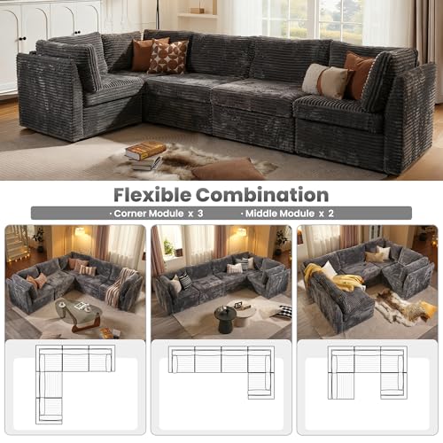 Image of ovios Modular Sectional Sofa Couch with V-Shape Chaise Convertible, Comfy Plush Corduroy Cloud Couches, Modern Luxury Deep Seat Sofas Set for Living Room, 5-Seater, Grey