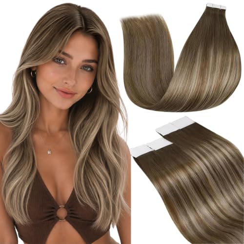 Image of LaaVoo Human Hair Tape in Extensions Balayage Light Brown to Ash Brown Hair Extensions Tape in Real Human Hair Seamless Tape in Hair Extensions Human Hair Skin Weft 20 Inch 20pcs 50g