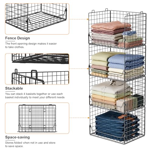 Jakyitvi 4-Tier Extra Height Stackable Closet Organizer – Foldable Storage Bins for Sweaters, Jeans, and Clothes – Sturdy Iron Mesh Shelves for Neat and Efficient Closet Storage – Black - Image 6