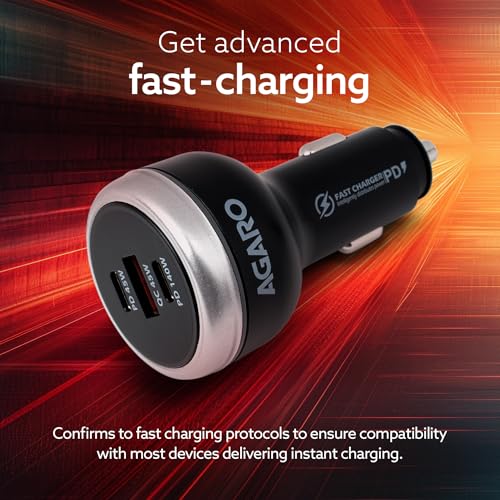 Image of AGARO Flash Car Charger, 230W, 3 Ports Fast Car Charger, Dual Type-C PD 140W + 45W, USB-A Post 45W, Supports Super-Fast Charging, for Smartphones, iPhones, Tablets, Earbuds & More - Black