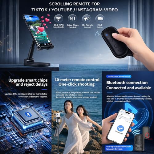 Image of Bluetooth Selfie Remote, Rechargeable Scrolling Remotes for Smartphones & Tablets, iOS & Android Compatible (Remote Control)