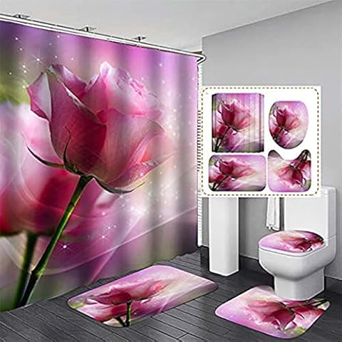 Byitre 4PCS Flower Bathroom Shower Curtain Sets, Stylish Flower Bathroom Sets with Shower Curtain & Rugs, Toilet Lid Cover & Bath Mat, Artistic Shower Curtains with Hooks, 71'' x 71'' (QY012-1) Cover