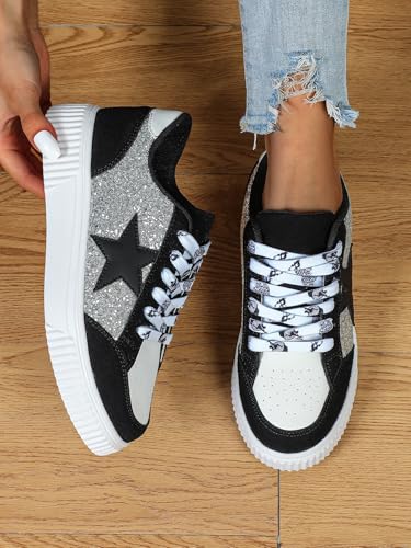 PU Leather Y2K Star Patch Breathable Low Top Skate Shoes for Men Casual Streetwear for School Work or Dates Featuring Glitter and Pentagram Detail4