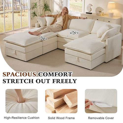 Image of Ihanherry Oversized Sectional Sofa Bed with Storage, 103 inch 6-Seater Modular Cloud Couch with Movable Ottomans, Chenille Deep Seat Sleeper Couches for Living Room (Beige)