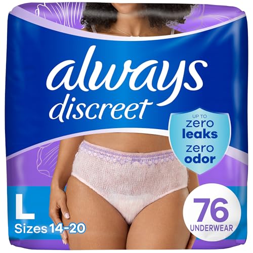 Image of Always Discreet Adult Incontinence Underwear for Women and Postpartum Underwear, L, Up to 100% Bladder Leak Protection, 76 Count (Packaging May Vary)