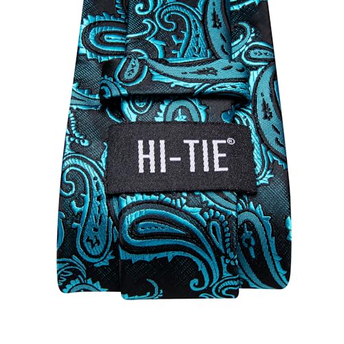 Hi-Tie Silk Paisley Necktie and Pocket Square Cufflinks Set, Teal, Medium