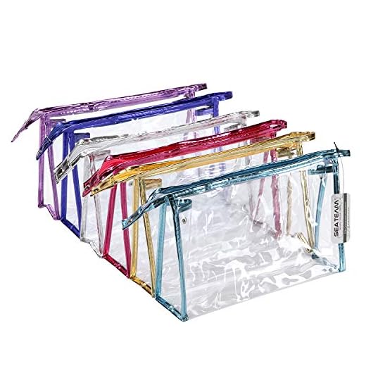Sea Team 6-Pack Transparent Waterproof Cosmetic Bags with Zipper, Clear Vinyl Plastic Makeup Bags, Portable Travel Toiletry Pouch, Organizer, Pencil Case (Colorful, Large/10.4")