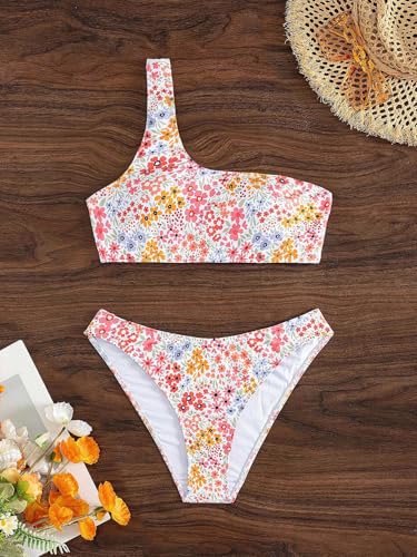 Image of YIMISAN Women's Ribbed Bikini Sets One Shoulder Top with Mid Waist Two Piece Bathing Suit