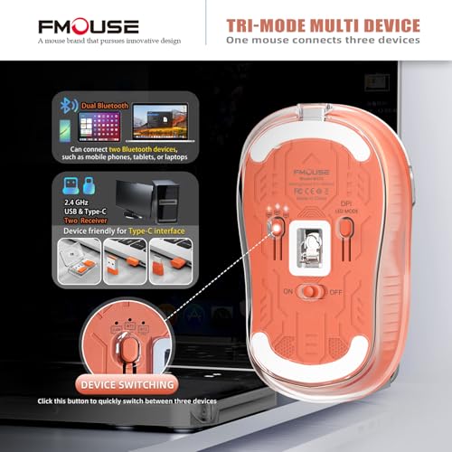 FMOUSE Transparent Wireless Mouse, Tri-Mode Bluetooth 5.1 & 2.4GHz, USB-A & USB-C Receiver, Silent Rechargeable RGB, 3 Devices for MacBook Laptop iPad PC, Creative Energetic — Orange - Image 4