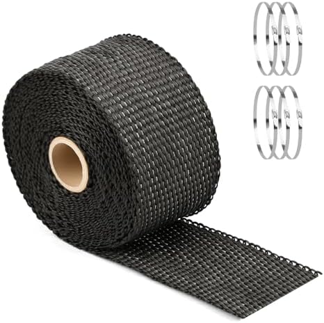 Generic 2in X 16ft Fiberglass Exhaust Heat Shield Wrap Roll For Motorcycle Mufflers Car Thermal Insulation And Sound Insulation Motorcycle Exhaust Pipe Insulation, Black, VBF-322