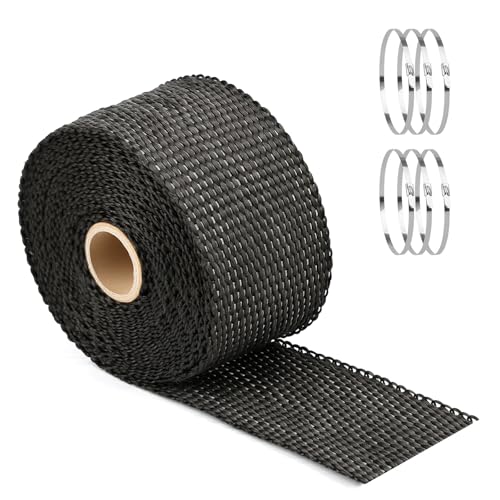 Exhaust Heat Wrap Roll 2 x 16 Fiberglass Heat Shield Tape Black Header Wrap with 6 pcs Stainless Ties for Motorcycle Car Truck Exhaust Pipes