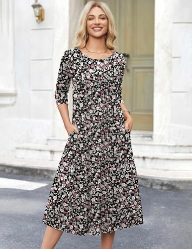 Image of HOTOUCH Women's 3 /4 Sleeve A-line and Flare Midi Long Dress