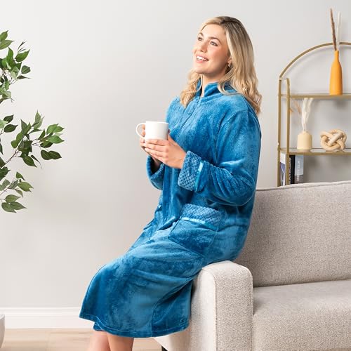 PAVILIA Womens Housecoat Zip Robe, Fleece Zip Up Front Robe Bathrobe, Plush Warm Zipper House Coat Lounger with Pockets, Long - Image 4