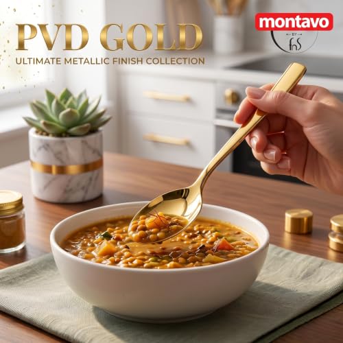 Image of Montavo by FnS 12 Pieces Stainless Steel Golden Dinner Spoon Set | Premium Mirror Finish | Rust Resistant, Dishwasher Safe | Luxury 16cm PVD Gold Table Spoons for Home, Kitchen, Restaurant & Gifting