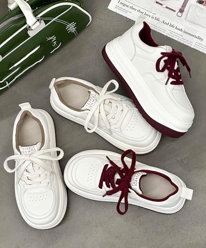 White Platform Chunky Wide Toe Sneakers for Women Leather Lightweight Lace Up Soft Sole Stylish Tennis Casual Walking Shoes4