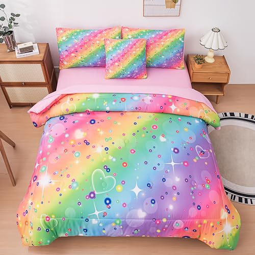 MWMWMW 6 Pcs Girls Twin Comforter Set, Colorful Rainbow Galaxy Bedding Sets, Twin Bedding Sets for Girls Kids with 1 Comforter, 1 Flat Sheet, 1 Fitted Sheet, 1 Pillow Cover, 2 Pillowcases
