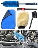 oesee Motorcycle Cleaning Brush Kit, Easy Reach Brush, Wool Wash Mitt, Stiff Tire Brush, Detailing Brush& Microfiber Towel for Motorcycle Mudguard, Rims, Paint, Exhaust