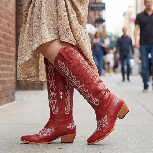 Image of Uillnoodu Wide Calf Cowboy Boots Women Adjustable Lace Up Knee High Tall Plus Size Cowgirl Boots Western Style Comfortable 2-Inch Heel
