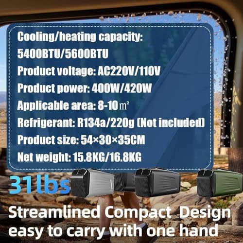 Energy Efficient Portable Air Conditioner 5400 BTU Cooling & 5600 BTU Heating, Remote Control Dehumidifier for Indoor & Outdoor Use, Ideal for RV, Truck, Van, & Camping, Green
