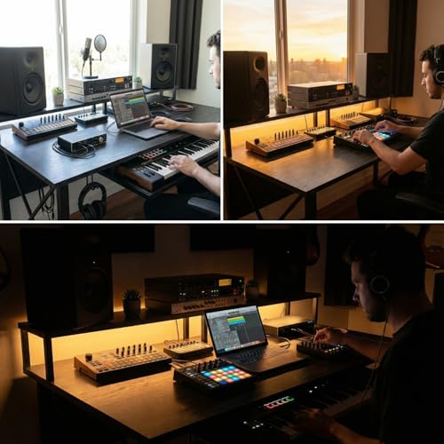 Image of FFo Music Studio Desk | Music Studio Desk with Keyboard Tray | Workstation,Laptop PC Computer, Music Instrument Table for Music Producers | (Black) | (150L x 60W x 87H CM) | DIY